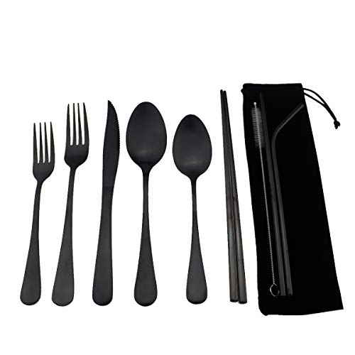 Black Reusable Utensils with Case Camping Travel Silverware Set,Portable Stainless Steel Cutlery Set - Matte Flatware Set Knife Fork Spoon Mirror Straws Chopsticks - for Office Lunch, Hiking, School - color: Black