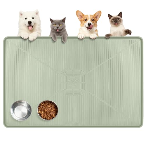 Lorvain 45" x 30" Cat Food Mat, Extra Large Silicone Pet Feeding Mat with Raised Edges, Pet Placemat for Cat Dog Food and Water Bowl Waterproof, Non-Slip, Easy to Clean, Floor Protection, Green - color: Green: 45" x 30"