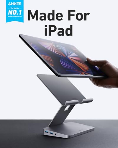 Anker USB C Hub for iPad, 551 USBC Hub (8-in-1), with Foldable Tablet Stand, 4K HDMI, 2 USB-A Data Ports, for iPad Pro 5th Gen/Air 5th Gen/Mini 6th and Later (Silver) - size: 5.6 × 5.5 × 1.1 inches