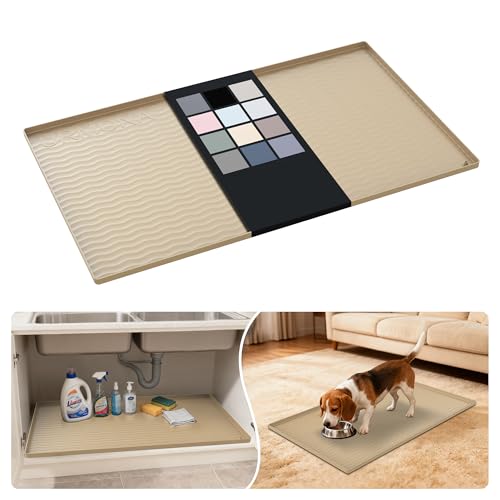URMONA Waterproof Silicone Under Sink Mat 37'' x 22'' Shelf Liner for Kitchen and Bathroom, Cabinet and Counter Protector, Storage and Organizers, Litter Mat, Pet Cat Puppy Essentials(Khaki) - color: Khaki, size: 22"W x 37"L
