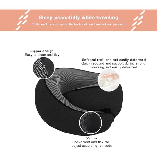 Cloud Sleep Travel Pillow｜360° Adjustable Neck Pillow for Airplane & Office｜NASA Memory Foam｜Free Eye Mask & Earplugs (Black) - color: Black