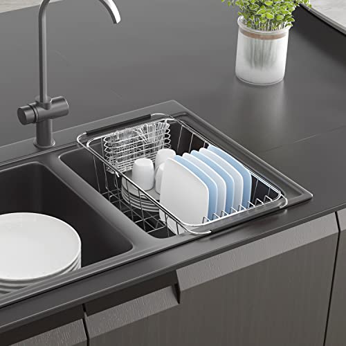 JAQ Over Sink Dish Drying Rack for Small Sink, Compact Expandable 14.25"–22.44", Adjustable 304 Stainless Steel Dish Drainer with Utensil Holder, Space Saving for Small Kitchen - size: 304 Stainless Steel - 9 dishes