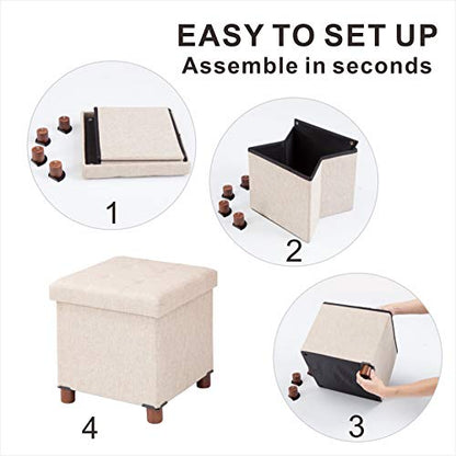 15 Inch Storage Ottoman with Wooden Legs - Cube Foot Rest Stool, Square Footstool, Comfortable Seat with Lid, Foldable Fabric Ottoman, Space-Saving Beige - color: Squ Beige