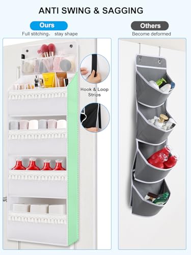 Over Door Organizer - Boho Nursery Hanging Organizer with Tassels -Oxford Behind Door Storage for Bedroom, Bathroom, Closet, Dorm, Pantry, Baby Diapers, Toys, Plush, 4 Tiers, White