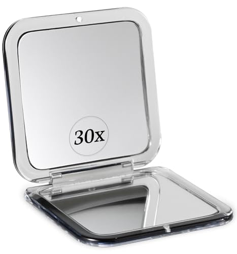 MIRRORVANA 30X Compact Magnifying Mirror for Travel, Handheld and Foldable Square Design - Lightweight Mini Pocket-Sized Magnified Mirror, Ideal for Purse or Handbag Use - 3.3" x 3.3" (Black)