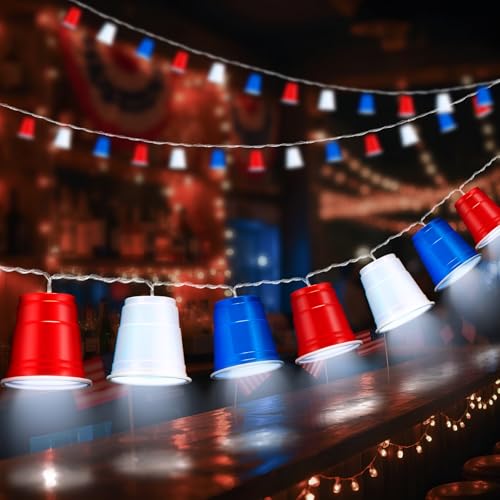 Hiboom 1 Pack Red White and Blue Cups Light, Shot Cup Fairy String Lights Battery Operated LED for Memorial Day Patriotic Decor 4th of July Independence Day Bar Graduation RV Party Decoration (13ft) - size: 13Ft
