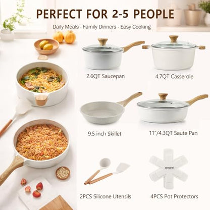 SENSARTE Nonstick Ceramic Cookware Set, 13-Piece Non-toxic Pots and Pans Set, Healthy Kitchen Cooking Set with Stay-Cool Handles, Silicone Tools and Pot Protectors, PFAS Free - color: White