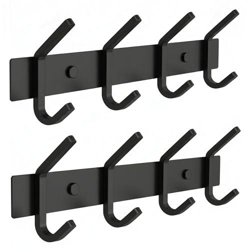 Coat Rack Wall Mount – 12 Inch Stainless Steel Hook Rail with 4 Double Coat Hooks for Hanging – Wall Mounted Entryway Organizer for Coats, Hats, Bags, Towels, Robes, or Bathroom - Black 2 Pack - color: Black, size: 4 Hooks - 2 Pack