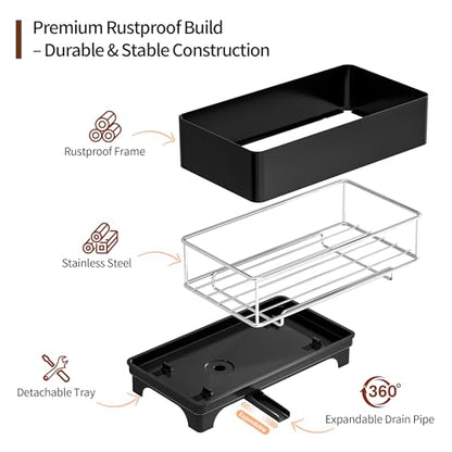 MOUKABAL Sponge Holder for Kitchen Sink – Rustproof Stainless Steel, 360° Rotating Drain Pipe, Large Counter Organizer with Drip Tray for Sponges, Brushes & Dish Cloths Black - color: Black 1