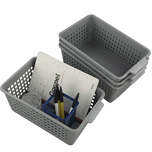 4 Packs Small Plastic Storage Baskets Set, Grey | Desktop Storage Basket Bin - size: shelf baskets