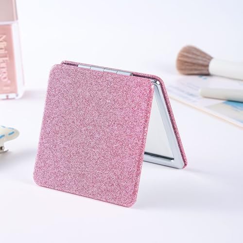 Square Pink Compact Mirror for Women,Small Magnifying Travel Mirror with Glitter,Portable 2 x 1x Magnification Folding Pocket Makeup Mirror Cosmetic Mirror for Gift Travel Essentials - color: Pink-square