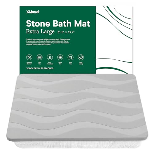 XMarrat Large Stone Bath Mat, 31.5'' x 19.7'' Super Absorbent Diatomaceous Earth Bath Mat Large, Quick Drying Non-Slip Diatomite Stone Bath Mats for Bathroom, Easy to Clean (Light Gray) - color: Light Grey Wave, size: 31.5" x 19.7" (Rectangular)