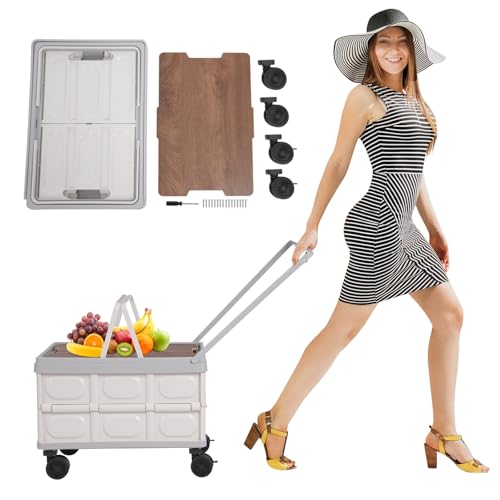 Foldable Cart, Rolling Storage Crate with Lid Wheels, 55L Large Capacity Collapsible Rolling Cart, Portable Rolling Crate Handcart, Plastic Storage Box for Grocery Hauling Camping Picnicking (Grey) - color: Gray