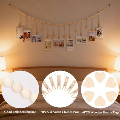 1 Pack Hanging Photo Display with Clips, Photo String with Clips, Boho Wall Decor Wooden Beads Garland with 9 Clips for Living Room, Bedroom, Dorm, Classroom (1Pack)
