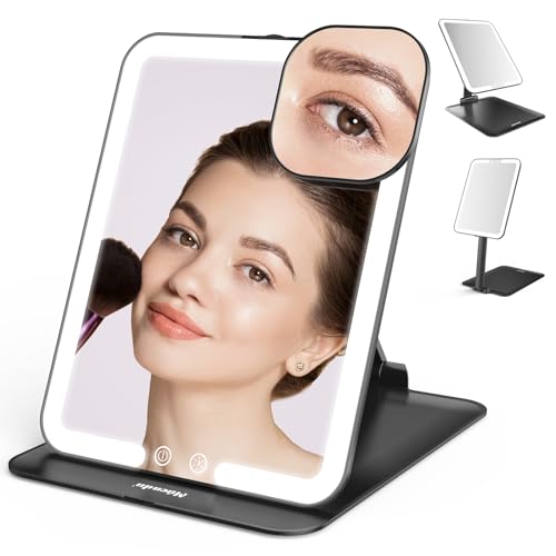 Mocado Travel Makeup Mirror with Light, Tripple Folding Vanity Mirror with Lights, 3 Colors Lighted Makeup Mirror, 1500mAh Rechargeable, Memory Function, Freely Adjust Height and Angle(Black) - color: Black, size: 8"L x 6"W