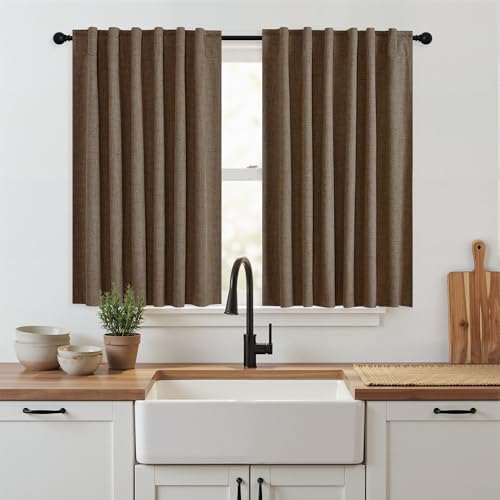 RYB HOME Brown 100% Blackout Short Curtains 45 inch Length 52 Width, Light Blocking & Thermal Insulated Linen Curtains for Kitchen/RV/Bathroom/Basement Small Window, 2 Panels - color: Brown, size: 52"W x 45"L (Pack of 2)