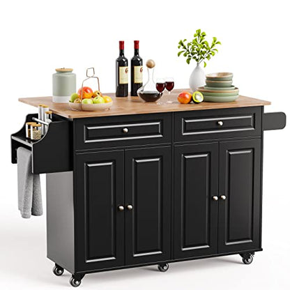 Qsun Kitchen Island with Storage, Kitchen Cart on 5 Universal Wheels, Mobile Kitchen Island with Rubber Wood Top and Side Rack (Black) - color: Black