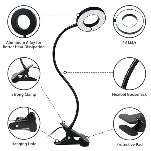 Brokimis Clip on Light LED Reading Book Study Lamp 3 Color Modes 10 Brightness Eye Protection 360° Flexible Gooseneck Student Dormitory Office Desk Lamp at Night in Bed - color: Black with Adapter