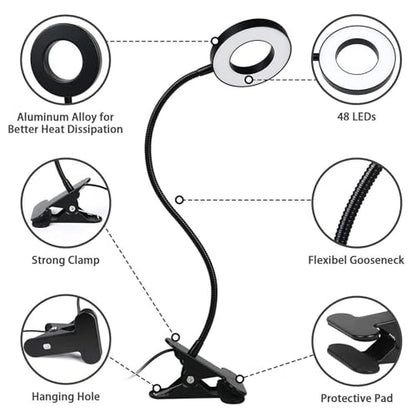 Brokimis Clip on Light LED Reading Book Study Lamp 3 Color Modes 10 Brightness Eye Protection 360° Flexible Gooseneck Student Dormitory Office Desk Lamp at Night in Bed - color: Black with Adapter