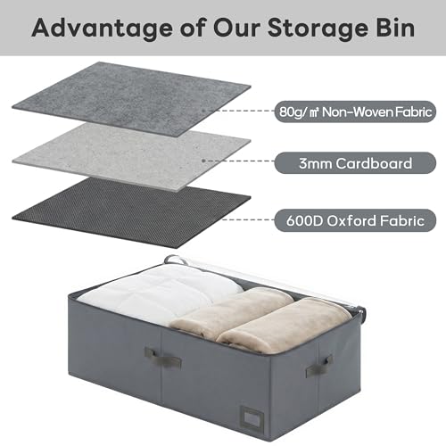 10" High Capacity Under Bed Storage Bins (3-Pack, Grey), Deep 600D Heavy Duty Oxford Fabric Storage Box for King Size Comforters, Pillows & Large Blankets - size: 10-Inch (3-PACK) - Deep