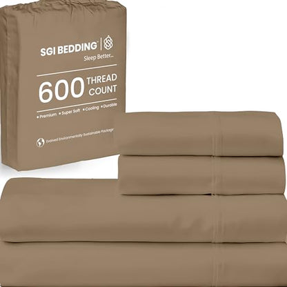 SGI bedding Queen Bed Sheets Set – Premium 600 TC Egyptian Cotton, Crisp & Cooling Sateen Weave, Extra Soft Hotel Collection, Fits Mattresses Up to 16 Inch Deep, Breathable & Long Lasting – Taupe - color: 04 - Taupe, size: Queen