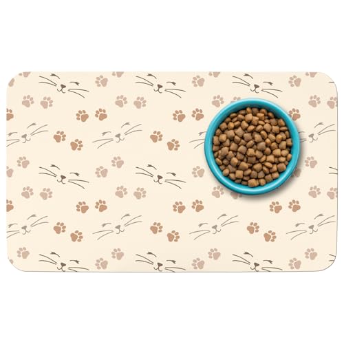 Patterned Cat & Dog Bowl Mat for Food and Water, 12""×20"" Quick Dry Absorbent Pet Feeding Mat, Eco-Friendly Dog Placemat - color: Beige-catpaw, size: Small (12" x 20")