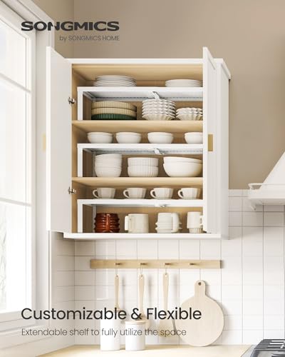 SONGMICS Spice Racks, Set of 3 Expandable Kitchen Countertop Shelves, Small Cupboard Organizers, Metal, Space-Saving Tabletop Shelves, Matte White UKCS403WC01 - color: Matte White, size: Set of 3