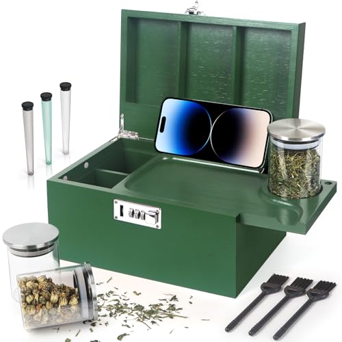 Large Green Bamboo Box with Combination Lock, Decorative Storage Box with Removable Tray & Detachable Compartment, Wooden Boxes with Alright Jars & Brushes & Storage Tubes as Great Gift Choice. - color: Green, size: 10.2''×7‘’×5.5‘’
