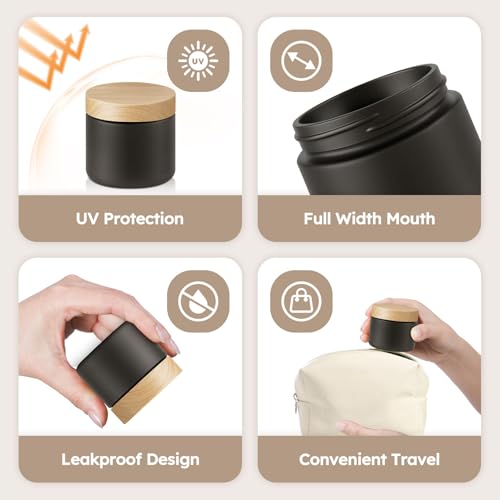 2 oz Matt Black Glass Jars with Lids, 3 Pack Small Glass Containers with Plastic Woodgrain Lids & Inner Liners, Empty Reusable Airtight Cosmetic Containers for Tea, Coffee, Creams, Lotion, Spice - color: Black