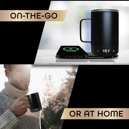 Brookstone Smart Self Heating Travel Mug & Wireless Phone Charging Station - 11 oz Temperature Control Heated Coffee Tumbler | 6Hr Battery for Continuous Warmth | Double-Wall Stainless Steel - Black - color: Black Mug