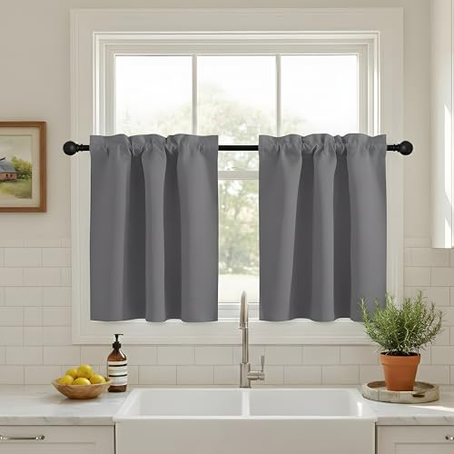 NICETOWN Blackout Camper Curtains for Kitchen, Solid Half Window Curtain Tiers for Energy Saving Privacy Shade for RV Camper Bathroom Basement, Width 34 x Length 24 inches, Grey, 2 Pieces - color: Grey, size: 34"W x 24"L (Pack of 2)