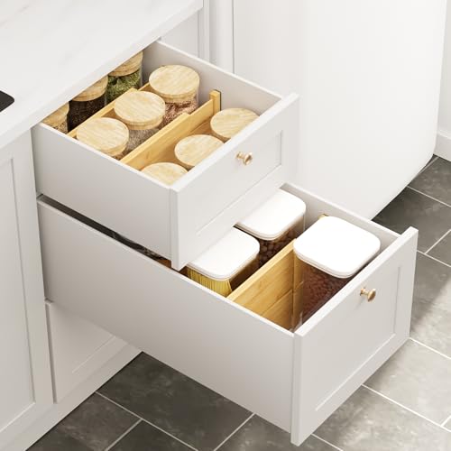 BAMEOS 4" High Bamboo Drawer Dividers - Adjustable Small Drawer Organizer - Kitchen, Dresser, Bathroom, Bedroom & Office - 4-pack - size: 4''H, 10''-12.28''L