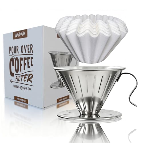 AGOGO V60 Coffee Dripper - Unbreakable 304 Stainless Steel Pour Over Cone for Travel & Camping, Includes 50 Paper Filters & Barista Towel - Silver - color: A01-Silvery, size: Dripper Only (No Server)