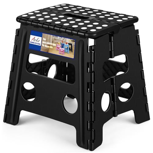 ACKO Folding Step Stool 13 Inch, Sturdy Collapsible Step Stool Foldable Up to 300 lbs for Adults, Non Slip Lightweight Foot Stools with Handle, Ideal for Kitchen, Bathroom, Bedroom, Garden - color: Black, size: 13 Inch