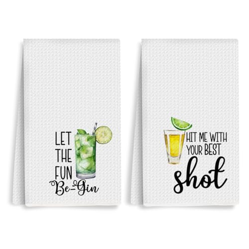 2Pcs Funny Wine Kitchen Towels 24x14 Inch, Gin Shot Alcohol Decor Waffle Weave Hand Towels for Kitchen Bar, White Absorbent Microfiber Dish Cloth Tea Towel, Housewarming Gifts for Women Hostess - color: Multi 0313