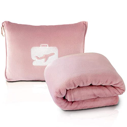 EverSnug Travel Blanket and Pillow - Premium Soft 2 in 1 Airplane Blanket with Soft Bag Pillowcase, Hand Luggage Sleeve and Backpack Clip (Light Pink) - color: Light Pink