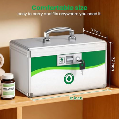 Medicine Lock Box with Keys, Small 12x7x7.7in, Aluminum Child-Safe Lock | Child-safe key lock, sturdy aluminum frame, anti-slip base, removable ABS tray, rust-proof handle, reinforced edges - size: Medium-12inch