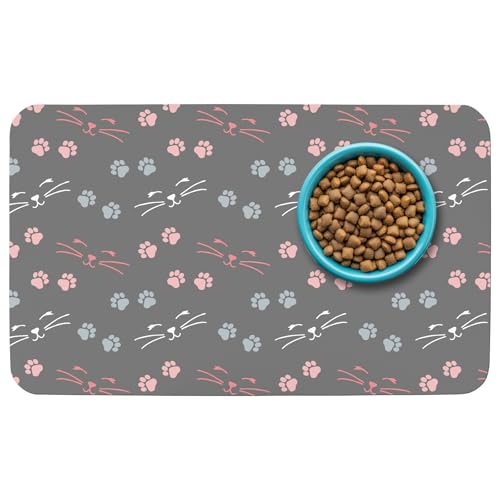 Patterned Cat & Dog Bowl Mat for Food and Water, 12""×20"" Quick Dry Absorbent Pet Feeding Mat, Eco-Friendly Dog Placemat - color: Dark Grey-catpaw, size: Small (12" x 20")