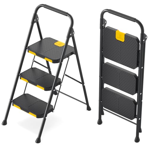 KINGRACK 3 Step Ladder, Sturdy Steel Step Stool with Safe-Lock Design, Handrail, Anti-Slip Wide Pedals, Pass 800lbs Load Testing, Folding Portable Ladder for Multi-Purpose, Home, Kitchen, Black - size: 3-Step
