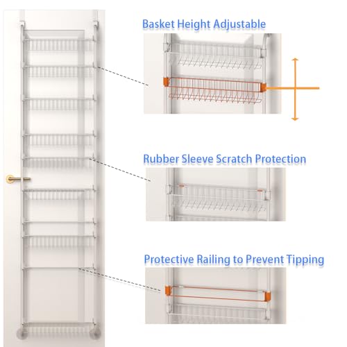White Over the Door Pantry Organizer 8 Tier, Adjustable Basket Pantry Door Organizer and Storage, Heavy Duty Metal Kitchen Hanging Spice Rack (D5xW19xH50 Inches)
