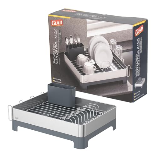 Glad Stainless Steel Dish Drying Rack - Large Space Saving Dish Drainer with Removable Cutlery Holder - Rust-Resistant Metal Rack with Adjustable Drain Spout for Kitchen Countertops, (12.6”W x 17.7”L) - size: Full Size