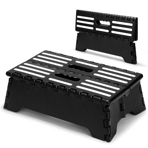 5" H Step Stool Foldable, Sturdy Portable Collapsible Stool with Handle1Pcs | Foldable step stool with slip-proof top and carry handle, sturdy enough for adults. Collapsible design fits bathroom, RV, SUV