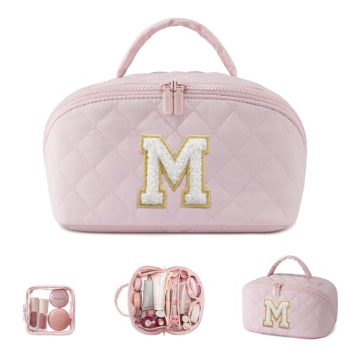 LOVEVOOK Travel Makeup Bag for Women, 2Pcs Puffer Waterproof Cosmetic Organizer, Large Capacity Pouch Open Flat Small Toiletry Bag with Brush Compartment & Handle (Pink-M, Medium) - color: Pink-M, size: Medium