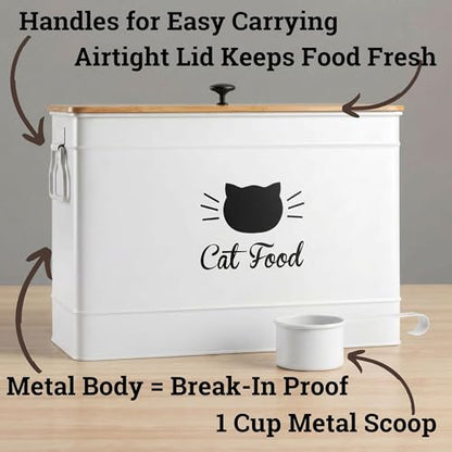 Cat Food Storage Container with Scoop - 15 lb (50 Cup) Capacity Metal Cat Food Container with Airtight Bamboo Lid & Metal Scoop - Airtight Pet Food Storage Containers - 15 lb Treats & Kibble Container - color: White