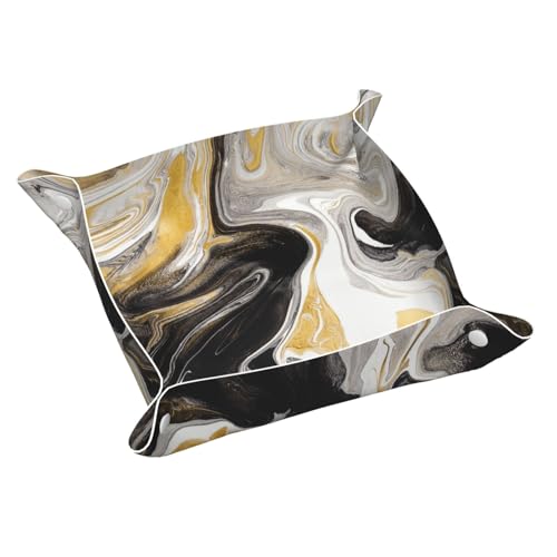 Black and Gold Swirl liquid ink marble Leather Vanity Tray Desktop Storage Organizer Decor Catchall Perfume Bathroom Valet Tray Nightstand Caddy Holder for Keys Phone Wallet Coin Jewelry, S - color: Black and Gold Swirl Liquid Ink Marble, size: 7.9" x 7.9