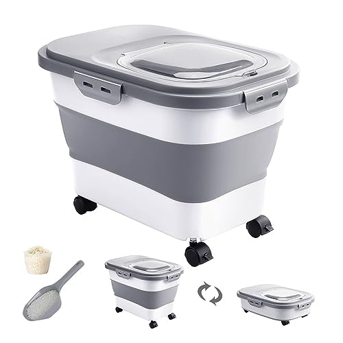 20-30 Lbs Rice Storage Container,Collapsible Food Storage Containers with Rolling Wheel Airtight Locking Lid,Flour Storage Container with Cup and Scoop,Suitable for Food,Rice,Pet Food,Flour - color: Grey/20-30LBS