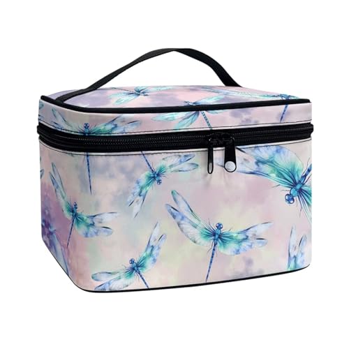 Portable Cosmetic Bags for Women Dragonfly Printed Travel Makeup Bag with Handle and Smooth Zipper Toiletry Pouch Plenty of Room - color: Dragonfly