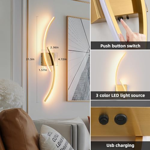 Battery Operated Wall Sconce Set of two, 3000K-6000K LED Dimmable Battery Wall Sconces with Remote Control, USB Rechargeable 31.4 inch gold Wireless Wall Lights for Living Room, Bedroom, Staircases