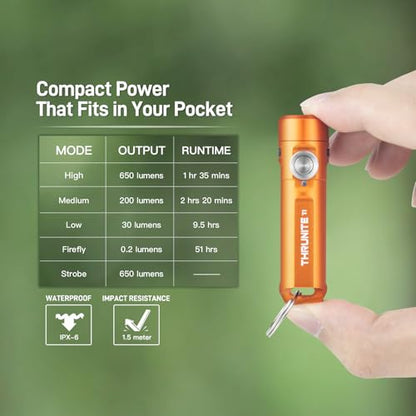 ThruNite Ti Keychain Flashlight, USB-C Rechargeable EDC Pocket Light, 650 Lumens with Magnetic Tailcap, 5 Modes, IPX-6 Waterproof Mini Flashlight for Camping, Everyday Carry (Orange) - color: Orange