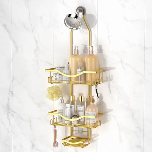 Shower Caddy Hanging Adjustable Shower Caddy, Rustproof Shower Organizer Extended Length Showers Caddy Over Shower Head with Hooks Soap Holder, Large Capacity Anti-Swing Bathroom Organizer, Gold - color: Gold